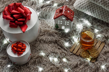 Christmas decorations in red on a light background. Christmas card. Merry Christmas and happy new...