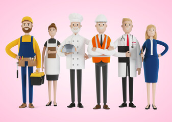 People of different professions. Builder, female waiter, cook, engineer, doctor and teacher. Labor Day. 3D illustration in cartoon style.