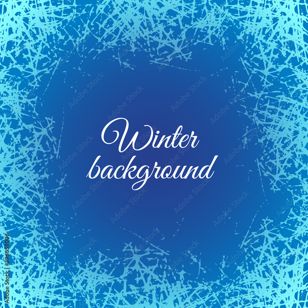 Poster blue frosted texture in winter window. snow frame with frosty patterns. vector ice crystals design i