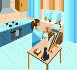 Household hobbies. Girl in the kitchen draws while looking at the computer online drawing lessons. Stay at home