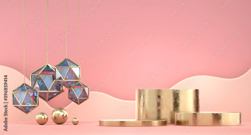 Poster gold product display podium with crystal background 3d rendering