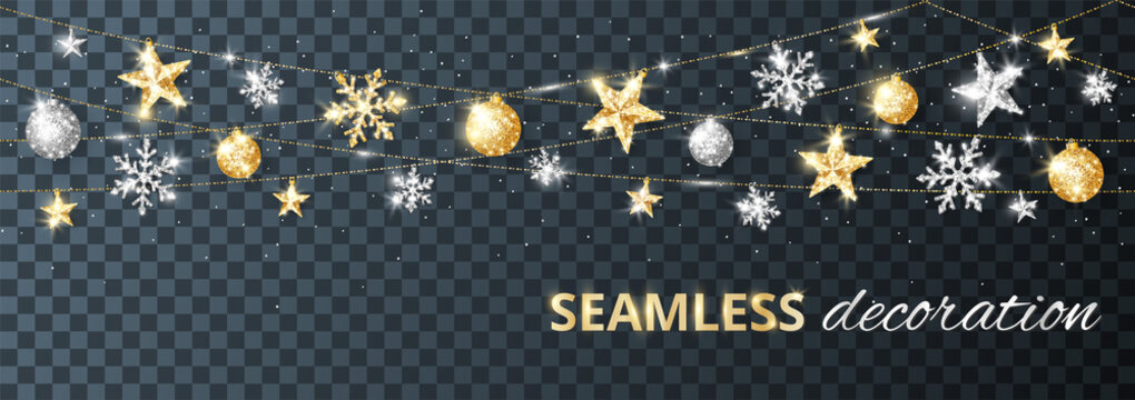 Seamless vector holiday decoration. Winter season silver and gold ornaments isolated on transparent. Strings with sparkling glitter stars, snowflakes and balls. For Christmas banners, party posters.