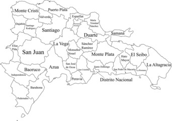 White vector map of the Dominican Republic with black borders and names of it's provinces