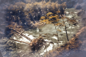 Beautiful scene with mountain river and fallen tree