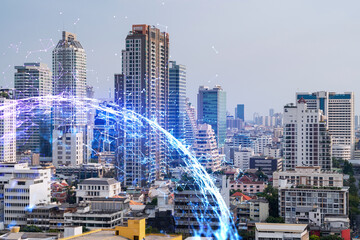 Abstract technology icons hologram over panorama city view of Bangkok, Asia. The concept of people networking and connections. Double exposure.