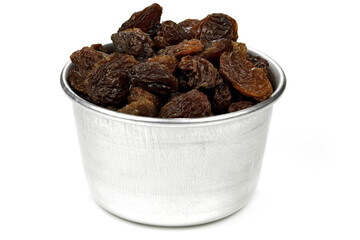 raisins in an aluminium bowl isolated on white background