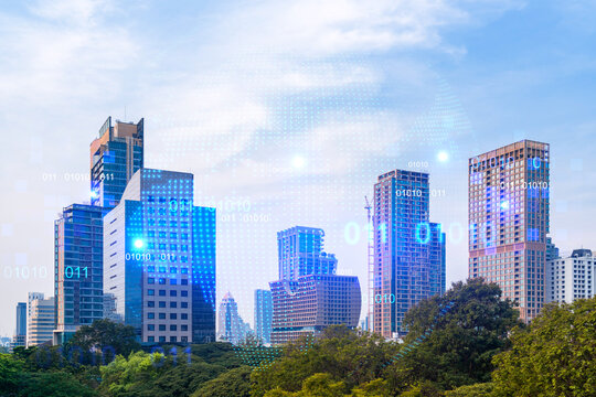 World planet Earth map hologram over panorama city view of Bangkok, Asia. The concept of international connections and business. Multi Exposure.
