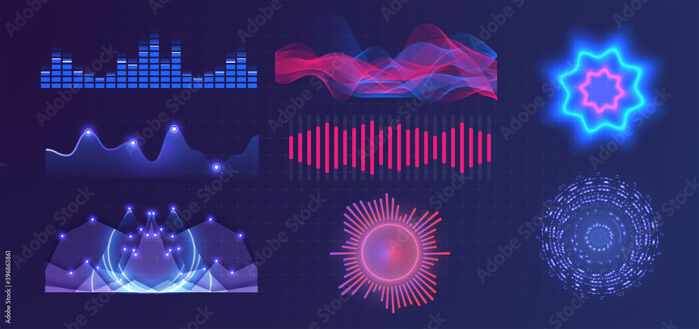 Poster graphic of amplitude or audio range effect. chart of sound wave isolated on blue background. sound w