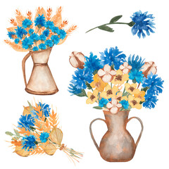 Hand drawn watercolor  yellow wheat ears and blue flowers bouquet illustration. Beautiful meadow flowers in a vase, retro style.