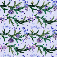 Fototapeta na wymiar Christmas seamless pattern with spruce branches, eucalyptus leaves, glass decorations in violet colour isolated on lavender background. llustration for home decoration, interior textile, tablecloth