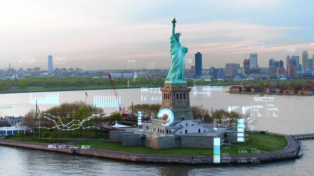 Aerial view of the Statue of the Liberty with financial charts and data. New York skyline in the background. Futuristic city skyline. Big data, Artificial intelligence, Internet of things. 