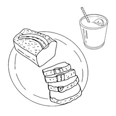Hand drawn image of the glass with banana smoothie or shake and banana bread. Vector Illustration, isolated on white background.