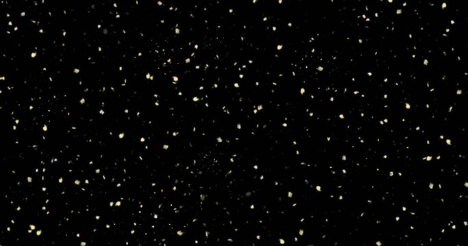 black background with gold glitter for a holiday card, animation banner. Abstract space and stars. Approach, movement of small gold particles. Christmas background