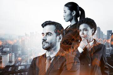 Group of business colleagues in suits as a part of multinational corporate team working on...