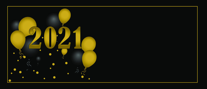 Tarjeta de felicitación o invitación para fin de año 2020, año 2021 rodeada de globos negros y dorados, con marco dorado y fondo negro