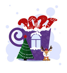 poster for the coming year 2021. a fabulous Cup filled with the Christmas spirit on a background of snow and snowflakes. Perfect for background invitations packaging greeting cards and business. EPS10