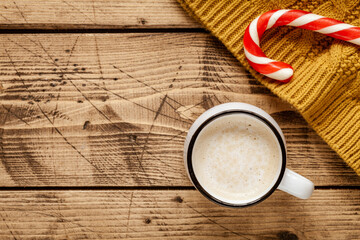 Christmas background with christmas cane and hot cocoa, top view. 