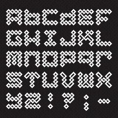 Font of interwoven strips. Alphabet of white relief letters on a black patterned background.