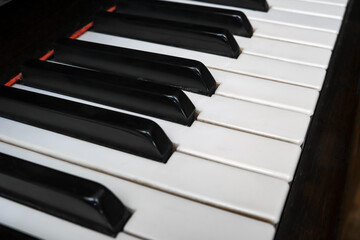 Classical piano keyboard, black and white keys of musical instrument