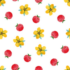 Seamless watercolor pattern with strawberries and yellow flowers on a white background.
