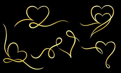 A collection of decorative frames in the shape of a gold heart ribbon. Perfect for design elements of invitation ornate frames and templates. Elegant gold love  swirl decorative set.