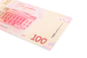 100 Ukrainian Hryvnia banknote on white background