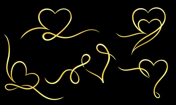 A collection of decorative frames in the shape of a gold heart ribbon. Perfect for design elements of invitation ornate frames and templates. Elegant gold love  swirl decorative set.