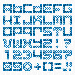 Font of twisted strips. Alphabet of blue relief letters and numbers on a white patterned background.