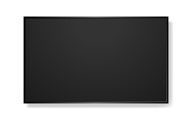 Realistic TV screen blank on white backdrop. Television mockup. Computer monitor template. Modern black panel. Wide wall display. Vector illustration