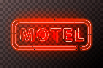 Bright red neon motel sign board with rectangle frame on transparent