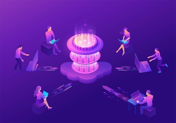 Quantum computer futuristic processor, chip with network, people work on laptop, isometric vector illustration, glowing purple design, innovation cloud computing technology - 396866835