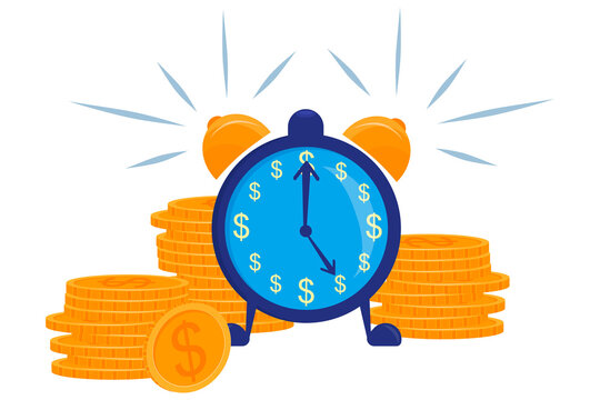 The Concept Of Time Is Money. A Watch With A Money Dial And A Handful Of Coins Isolated On A White Background. Time Costs Money, A Ringing Alarm Clock With A Button, On Legs. Vector Illustration..