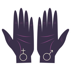 Hand of the philosopher, palm with a set of gender symbols astrologers. Variety of element values. Palmistry and palmistry, look to the future. Vector illustration..