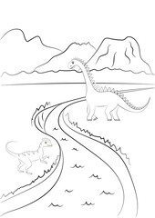 Coloring page outline of dinosaur on the background of nature.