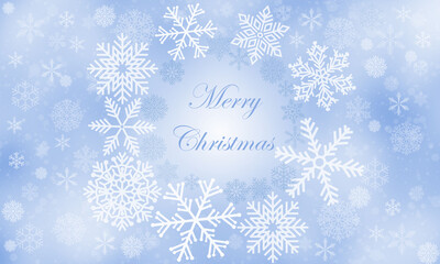  Christmas Typography on blue  background with winter landscape with snowflakes. Merry Christmas card. 
