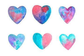 set of watercolor hearts six