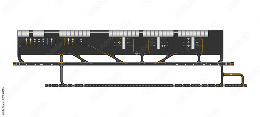 Wall mural top view of airport runway and taxi way with airplane, vector illustration