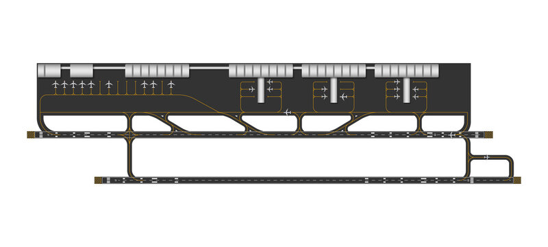 Top View Of Airport Runway And Taxi Way With Airplane, Vector Illustration