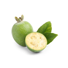Whole and cut feijoa fruits on white background