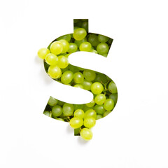 Dollar currency sign of green grape and cut paper isolated on white. Natural typeface of fresh berries