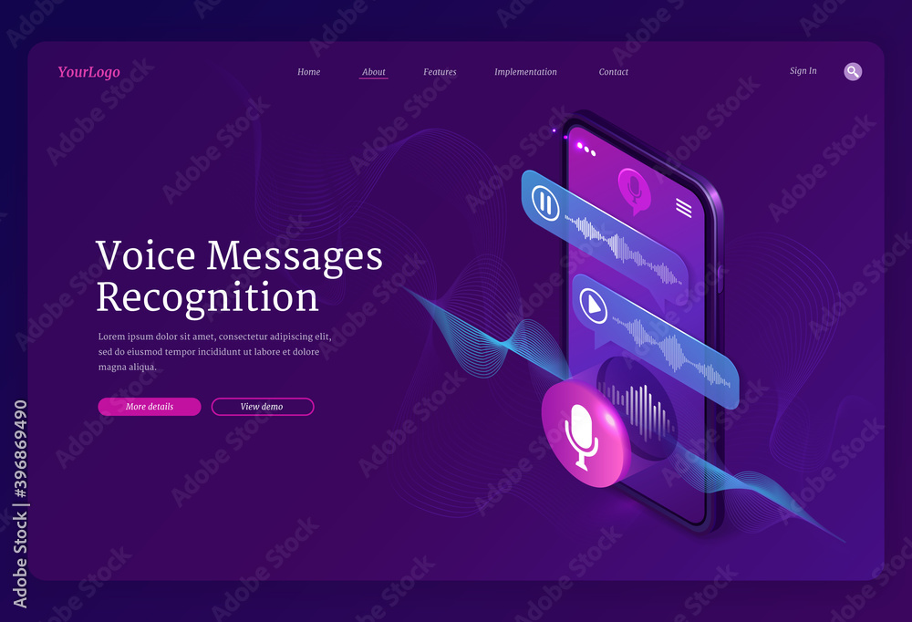 Poster voice messages recognition banner. mobile application for recording sound, dictate messages and spee