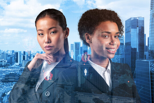 Two astonishing SMM specialists thinking about development of social media marketing strategy to achieve business goals. Hologram icons over Singapore background. - Powered by Adobe