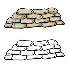 Barricade of sandbags. Fortified point. Defense construction. Modern warfare. Wall of the bag. Outpost and barrier. Set of cartoon illustration