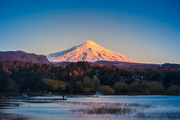 Pucon / Auracania / Chile: Sunset view to Villarrica Volcano and the lake.
