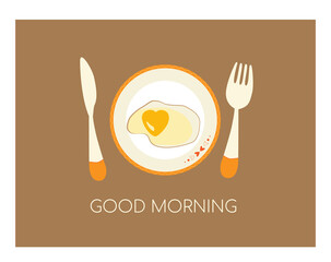 Cute fried egg, heart shape. Food, Breakfast cartoon concept. Flat vector illustration, isolated objects.