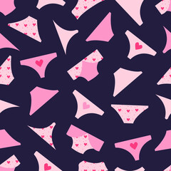 Vector seamless pattern on a purple background with pink underwear shades of different styles.