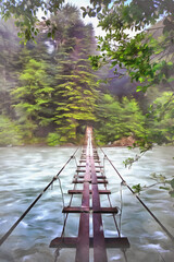 Scene with mountain river and suspension bridge across it
