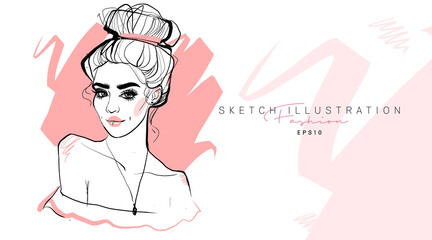Fashion girl hand drawn. Sketch woman. Stylish girl look.
