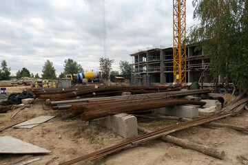 Rebar warehouse. Construction site. Production of apartments, social housing.