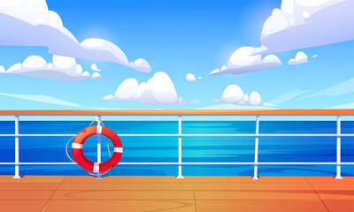 Seascape view from cruise ship deck. Ocean landscape with calm water surface and clouds in blue sky. Vector cartoon illustration of wooden boat deck or quay with railing and lifebuoy